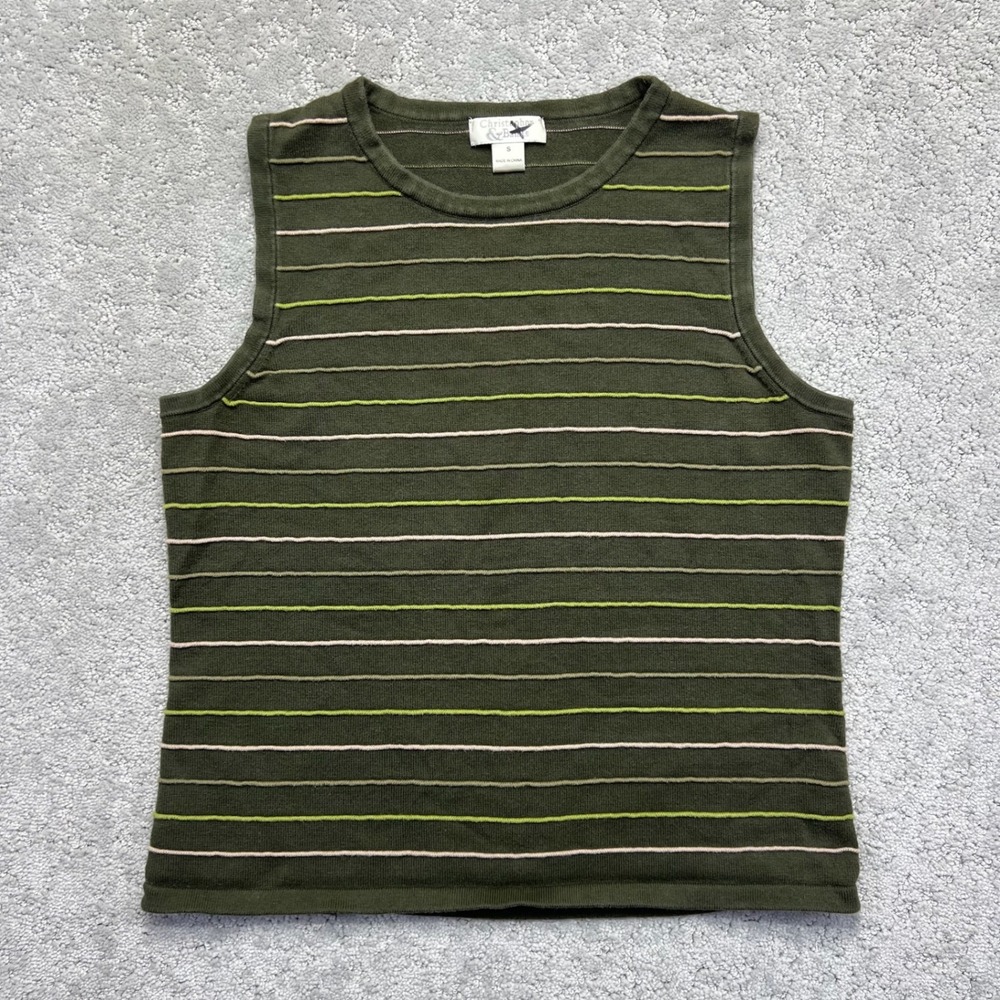 Christopher & Banks Tank Top Womens Small Olive Green Striped Cotton Knit Earthy